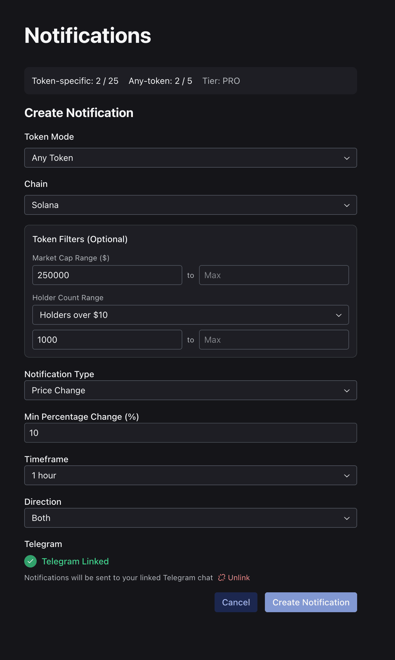 Creating a notification with filters