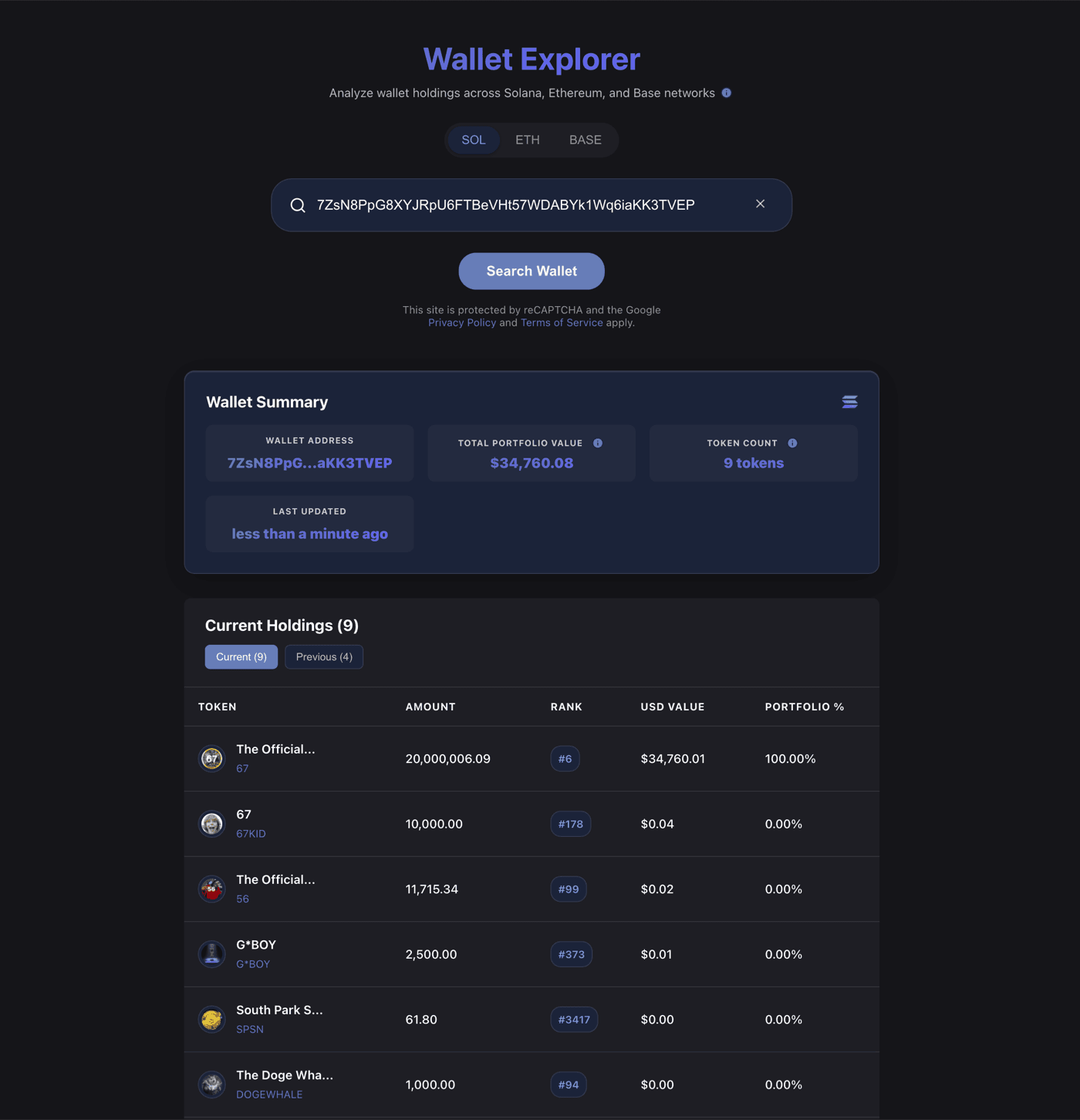 Wallet Explorer showing wallet summary and current holdings with token amounts, ranks, and portfolio percentages
